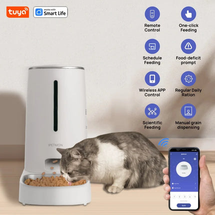 Wi-Fi-Enabled 4L Pet Feeder for Cats and Dogs with App Control, Stainless Steel Design, Low Food Alarm, Compatible with iPetMon/Tuya/Smart Life App