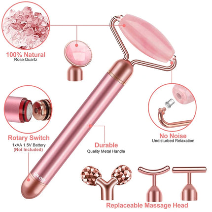 5-in-1 24 Karat Gold Facial Massage Device with Electric Vibrating Rose Quartz 3D Roller for Facelift and Gua Sha Jade Roller Applications