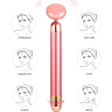 5-in-1 24 Karat Gold Facial Massage Device with Electric Vibrating Rose Quartz 3D Roller for Facelift and Gua Sha Jade Roller Applications