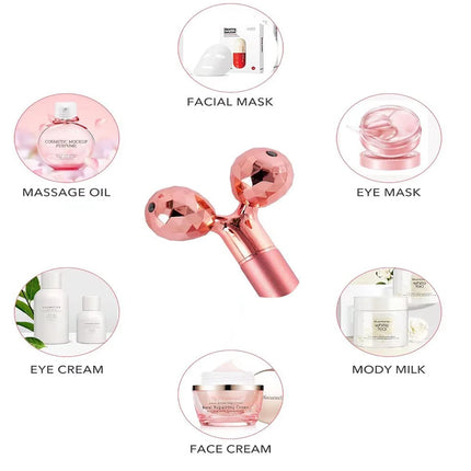 5-in-1 24 Karat Gold Facial Massage Device with Electric Vibrating Rose Quartz 3D Roller for Facelift and Gua Sha Jade Roller Applications