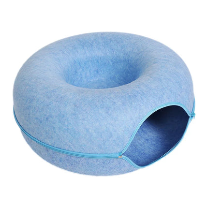 Multifunctional Donut Cat Bed with Interactive Toy Tunnel Made from Natural Felt, Perfect for Cats and Rabbits