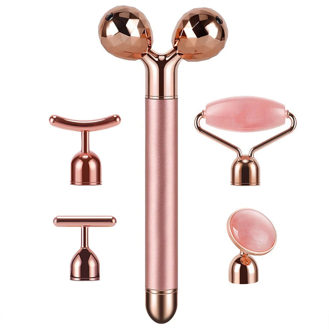 5-in-1 24 Karat Gold Facial Massage Device with Electric Vibrating Rose Quartz 3D Roller for Facelift and Gua Sha Jade Roller Applications