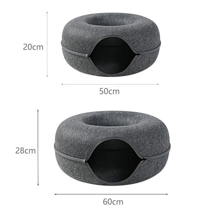 Multifunctional Donut Cat Bed with Interactive Toy Tunnel Made from Natural Felt, Perfect for Cats and Rabbits