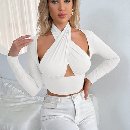 Women's Graceful And Fashionable Cross Collar Hollow Bottoming Shirt