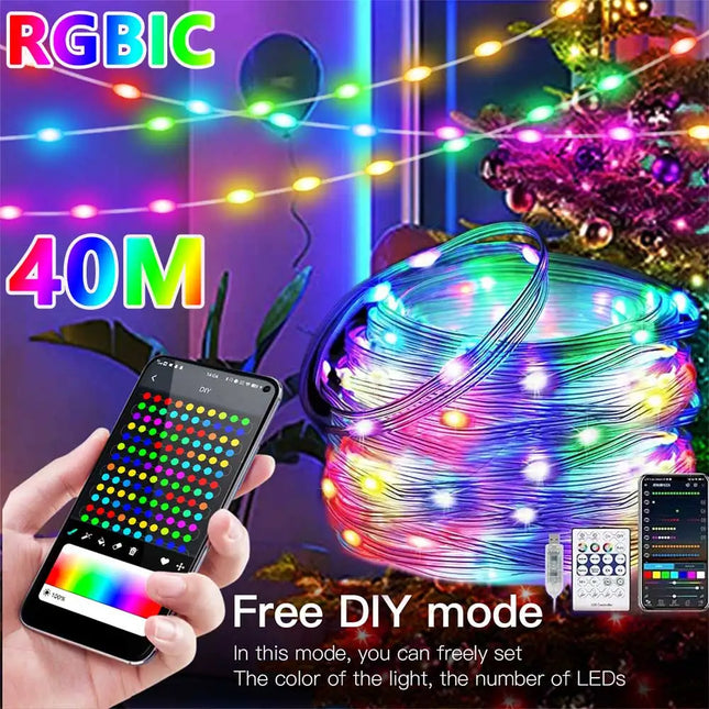 40M RGBIC LED String Lights WS2812B - Bluetooth-Enabled USB Music Sync Fairy Lights | 5V Dream Color Garland for Festive Occasions and Home Decoration