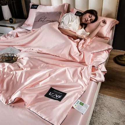 High-Quality Silk Emulation Quilted Blanket in Satin Pink for Adults and Children - Soft, Smooth, and Cool for Spring and Summer