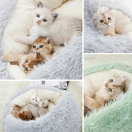 2-in-1 Winter Plush Pet Bed - Round Cat Cushion & Sleeping Bag | Warm Nest for Cats & Small Dogs