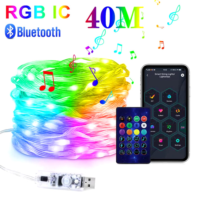 40M RGBIC LED String Lights WS2812B - Bluetooth-Enabled USB Music Sync Fairy Lights | 5V Dream Color Garland for Festive Occasions and Home Decoration