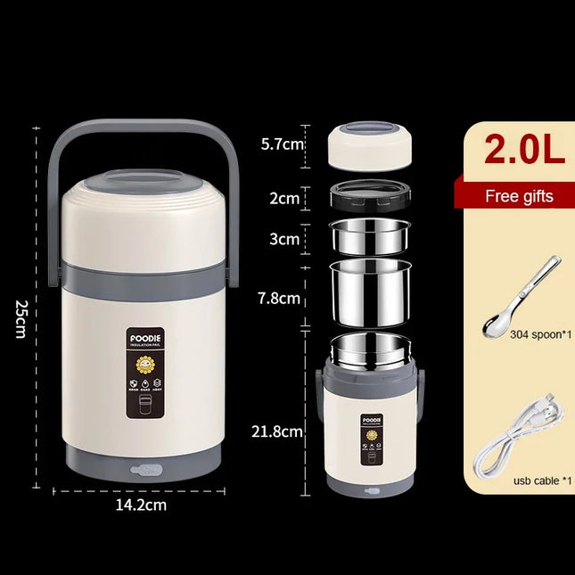 Elektrisch beheizte Edelstahl-Brotdose für Mittagessen, Lebensmittelwärmer, Bento- und Thermoboxen, 1,6/2,0 L, ideal für Büro und Schule