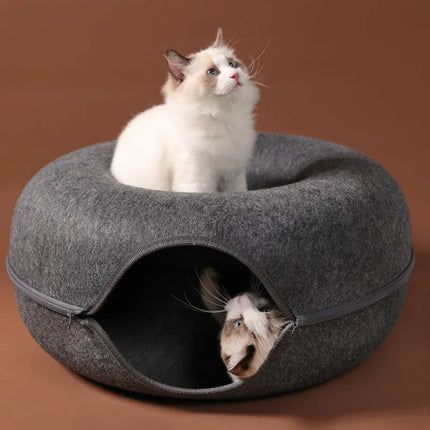 Multifunctional Donut Cat Bed with Interactive Toy Tunnel Made from Natural Felt, Perfect for Cats and Rabbits