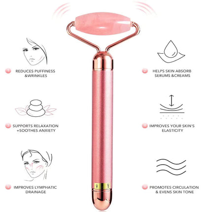 5-in-1 24 Karat Gold Facial Massage Device with Electric Vibrating Rose Quartz 3D Roller for Facelift and Gua Sha Jade Roller Applications