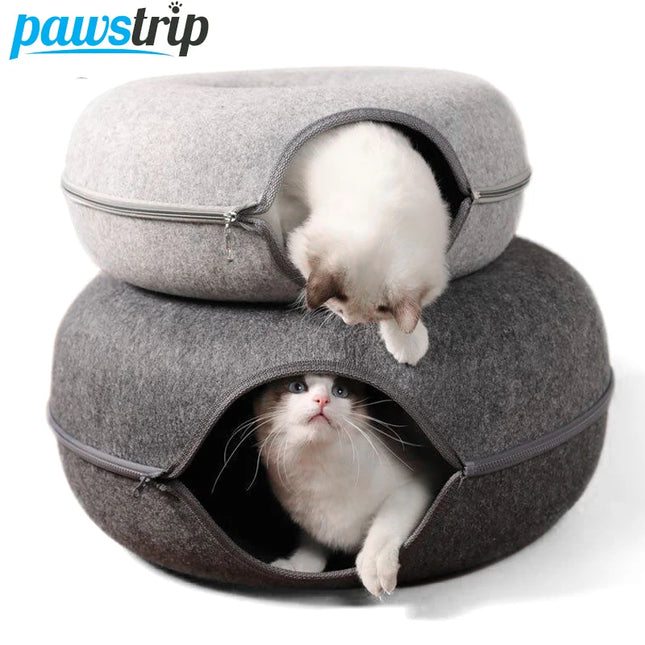 Multifunctional Donut Cat Bed with Interactive Toy Tunnel Made from Natural Felt, Perfect for Cats and Rabbits